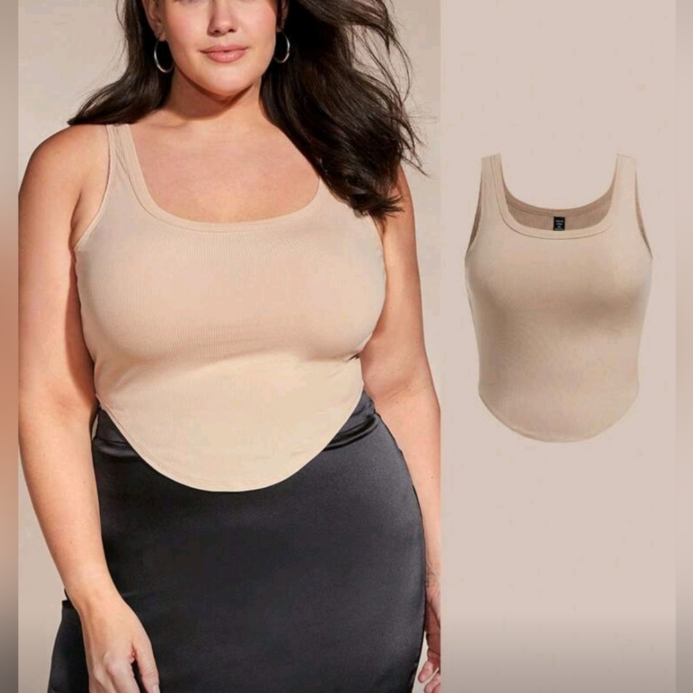 Beige Sleeveless Ribbed Plus Size Tank Top